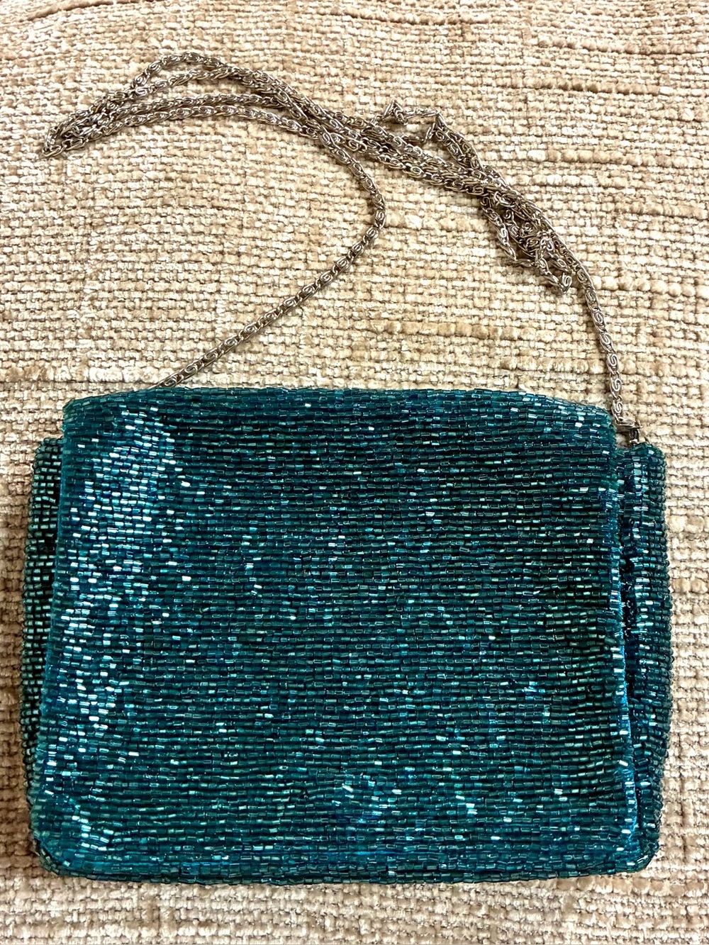 Moyna Teal Turquoise Hand Beaded Evening Bag Silver Chain Clutch Purse
